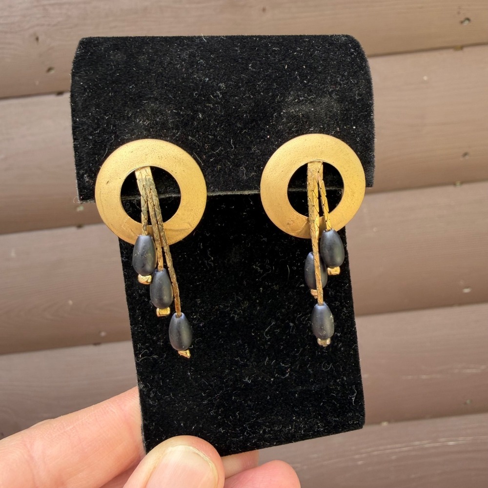 Vintage 1980s Modernist Brushed Gold Tone Black Bead Dangle Post Earrings